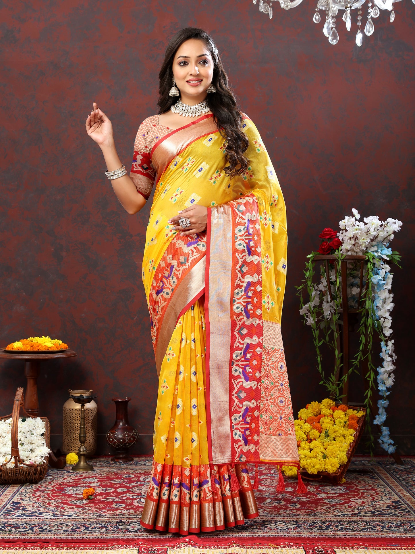 Soft Organza silk Yellow Red saree with Meenakari weawing design