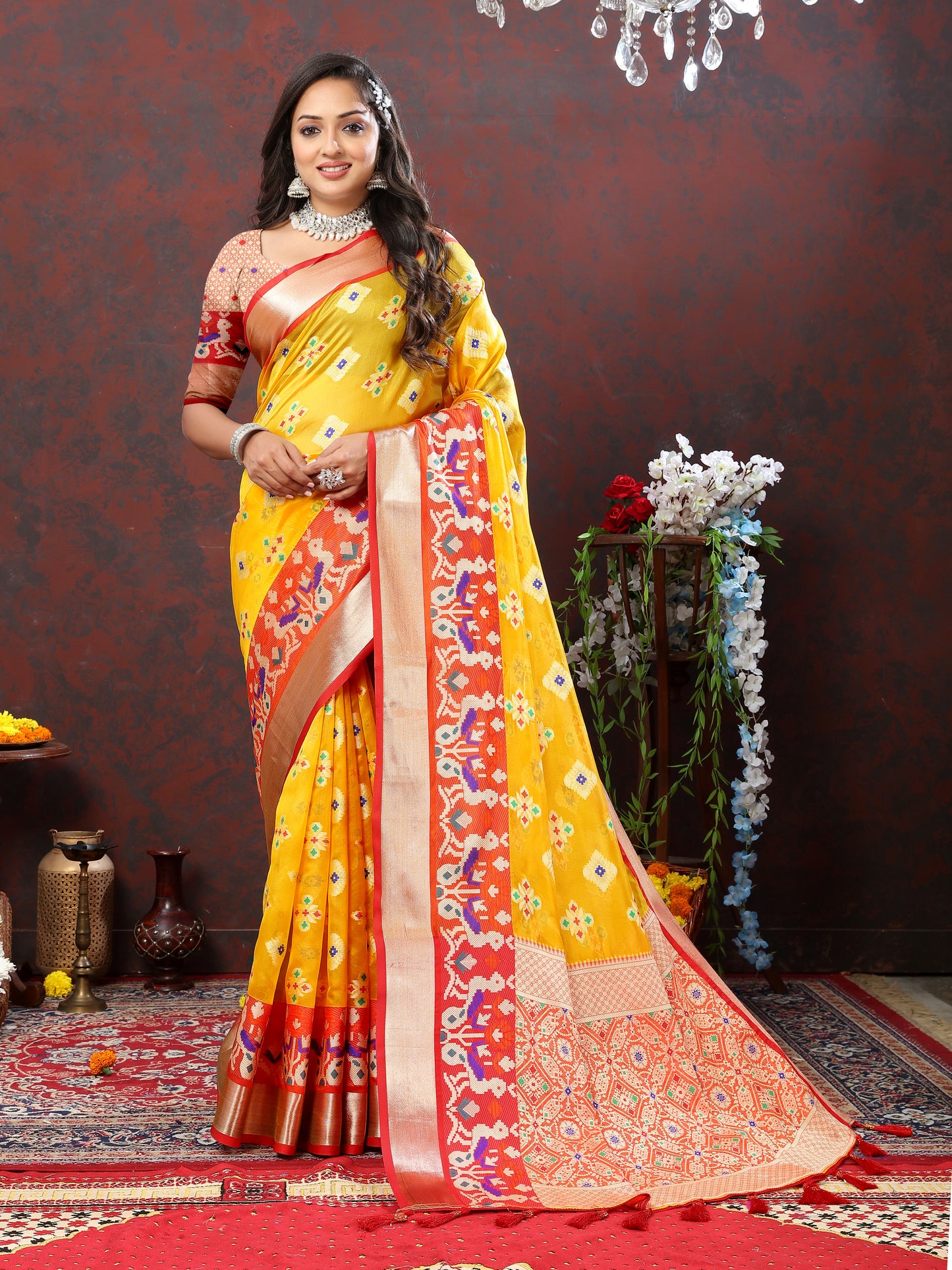 Soft Organza silk Yellow Red saree with Meenakari weawing design