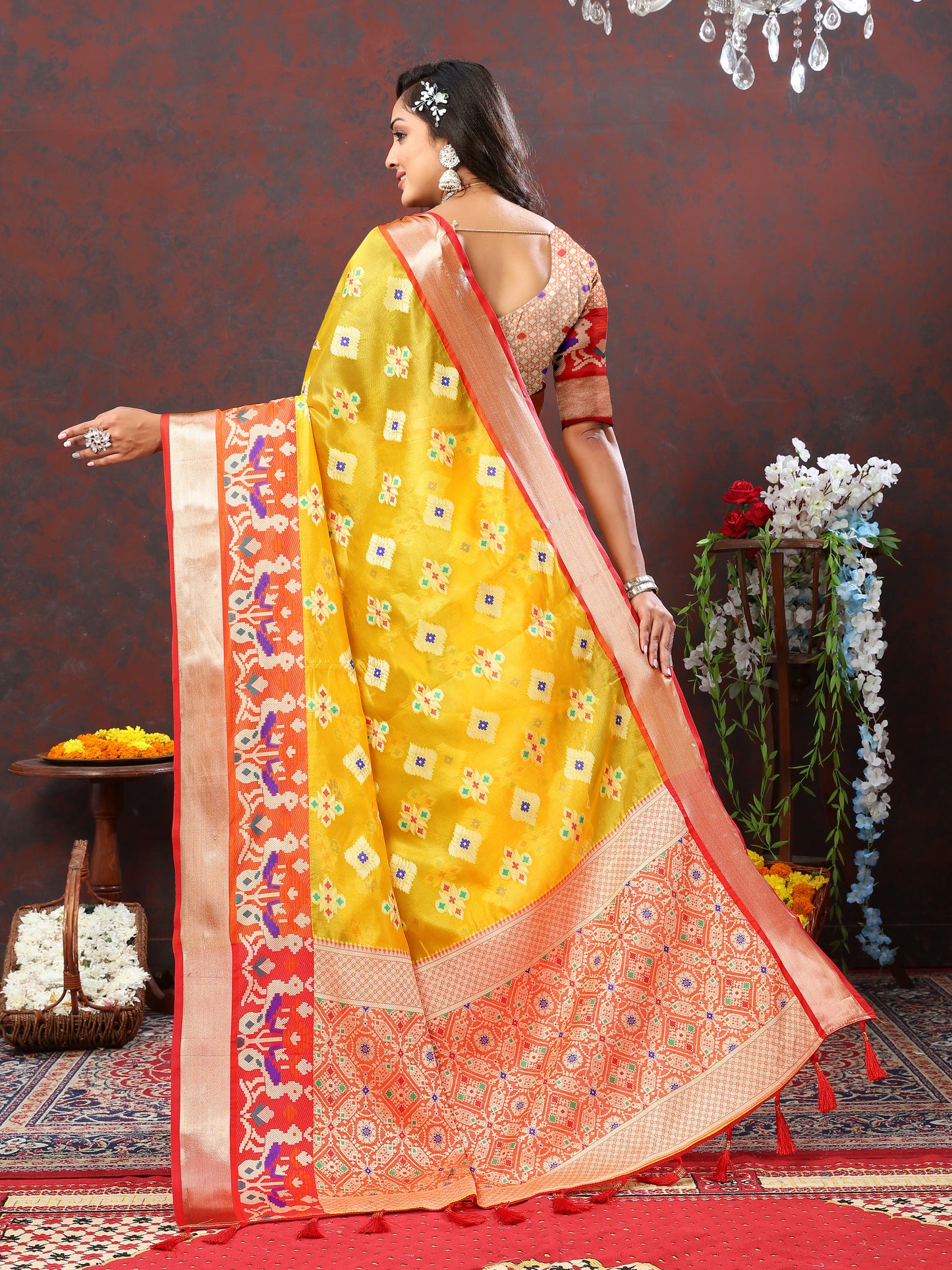 Soft Organza silk Yellow Red saree with Meenakari weawing design