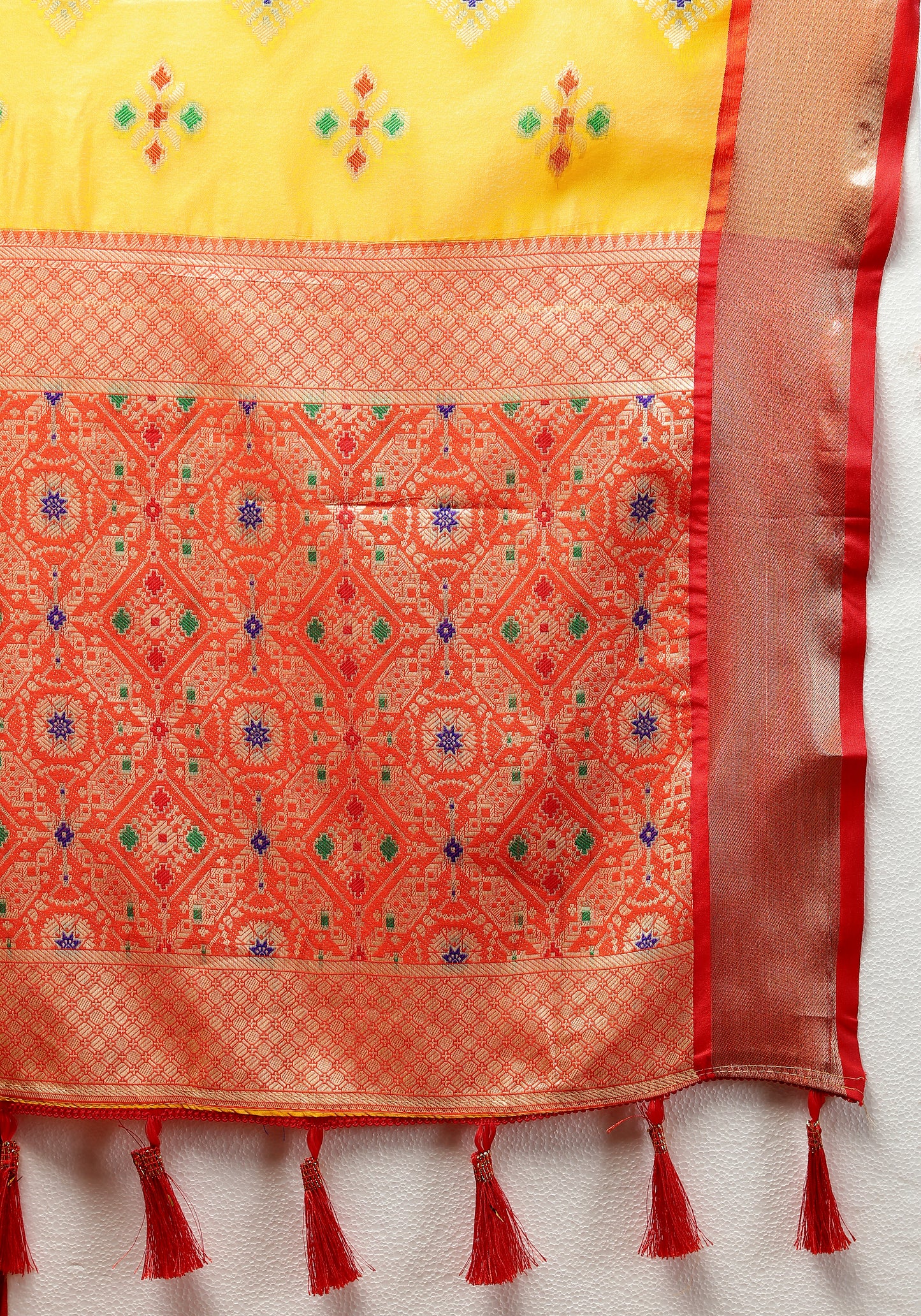 Soft Organza silk Yellow Red saree with Meenakari weawing design