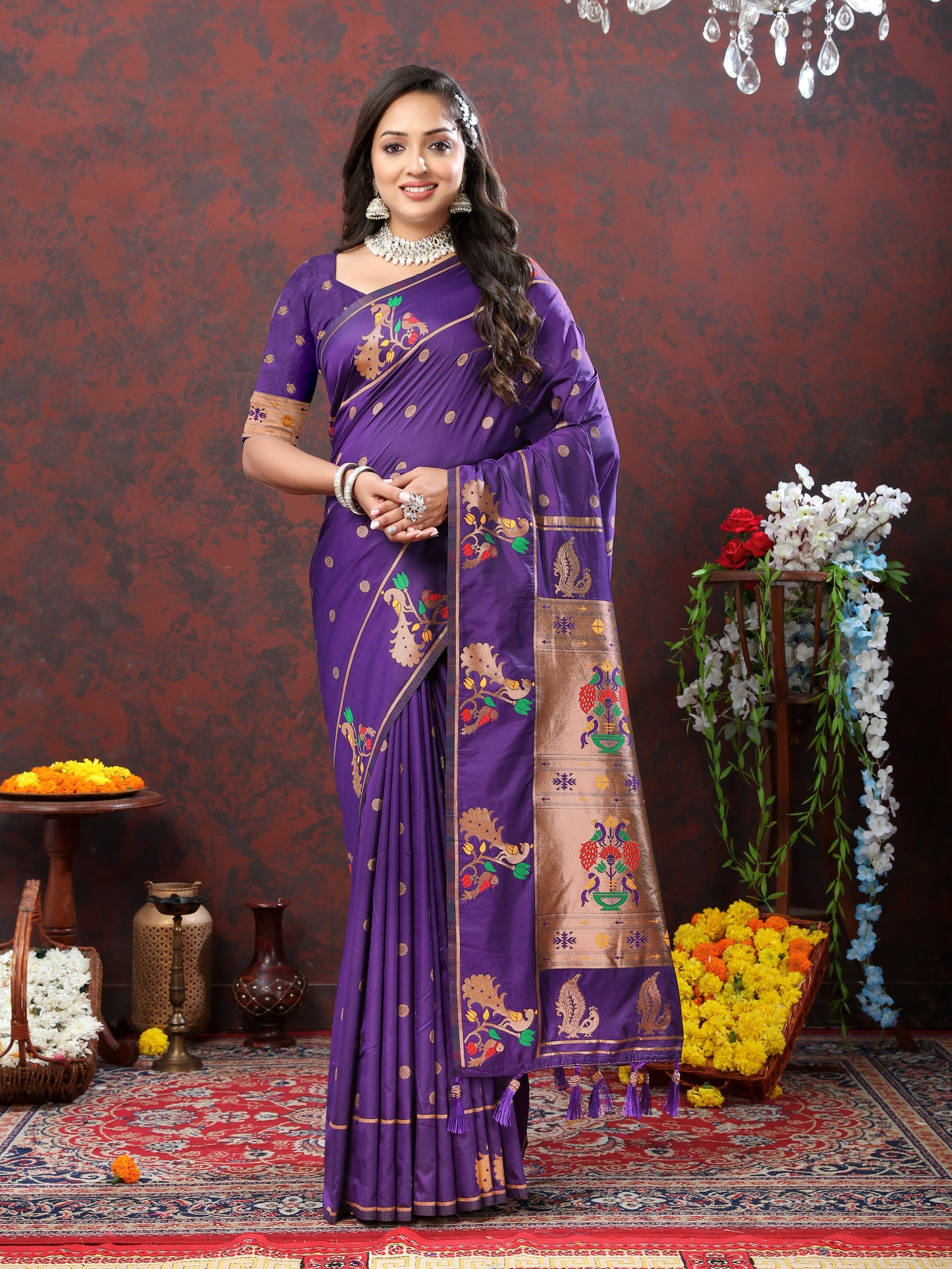 Soft Pethani silk Violet Saree with Copper Zari Weawing Motifs