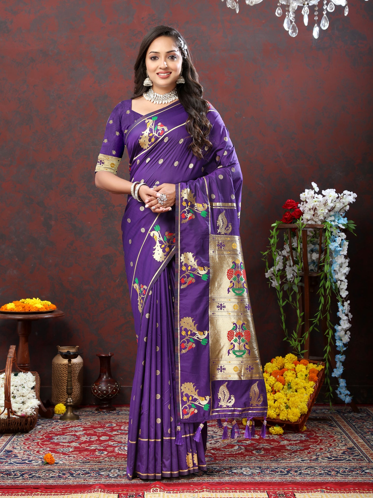 Soft Pethani Silk Violet Saree with Golden Zari Weawing Motifs