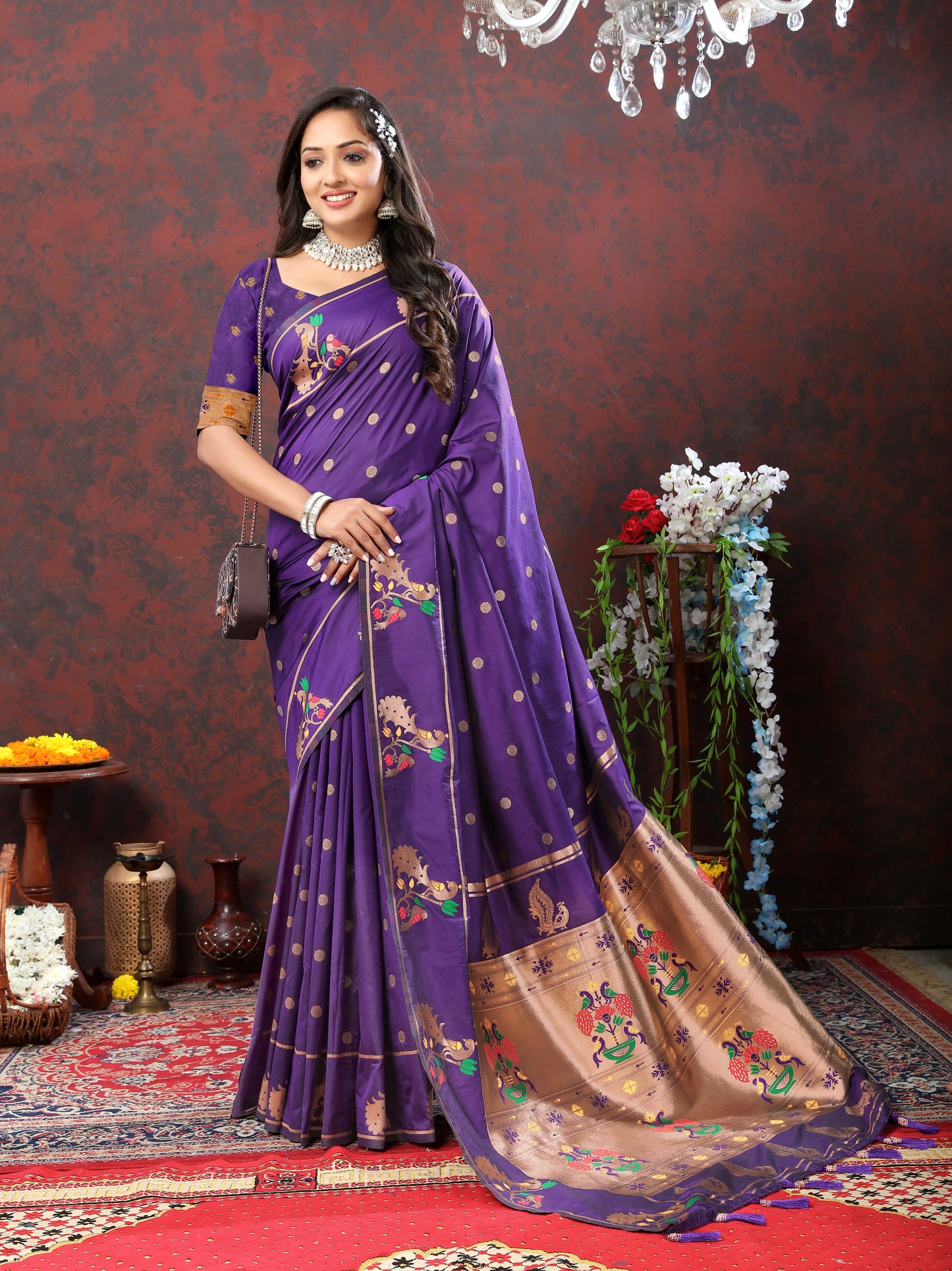 Soft Pethani silk Violet Saree with Copper Zari Weawing Motifs