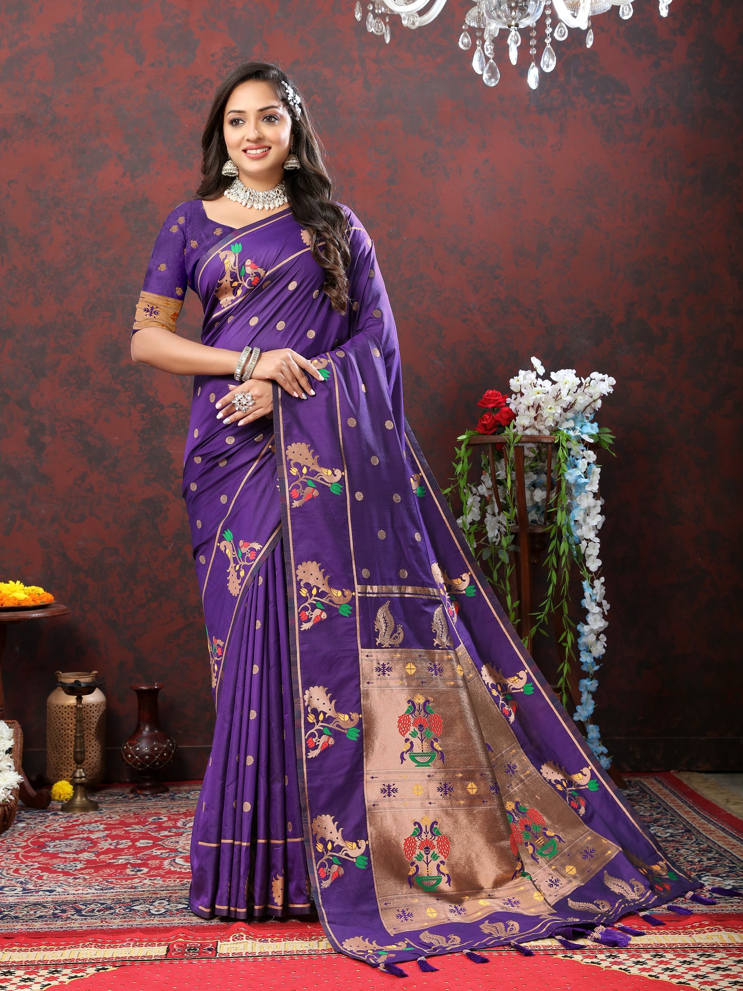 Soft Pethani silk Violet Saree with Copper Zari Weawing Motifs
