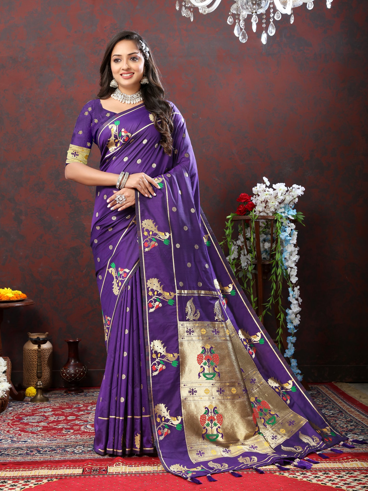 Soft Pethani Silk Violet Saree with Golden Zari Weawing Motifs