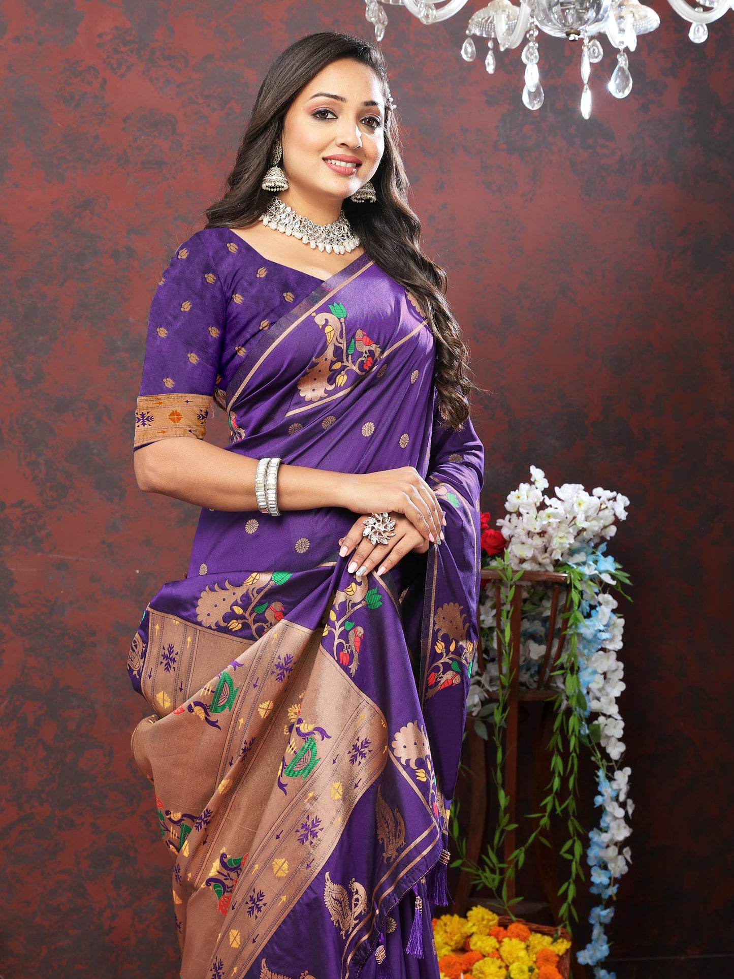 Soft Pethani silk Violet Saree with Copper Zari Weawing Motifs
