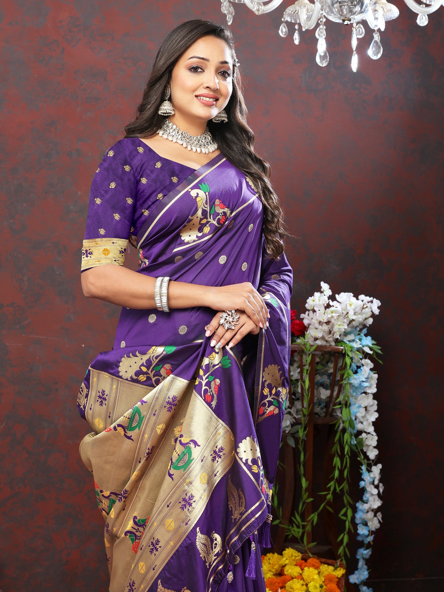 Soft Pethani Silk Violet Saree with Golden Zari Weawing Motifs