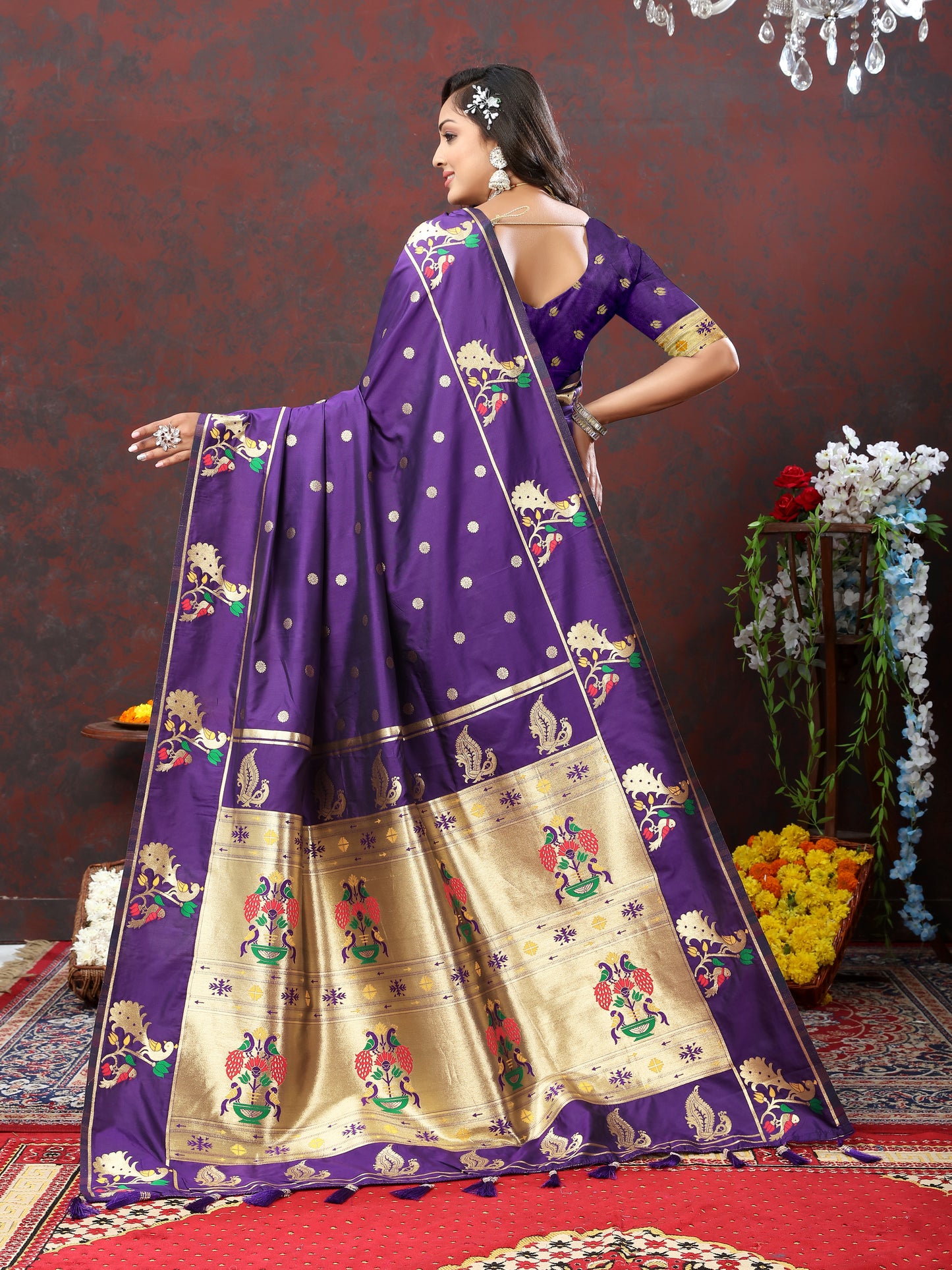 Soft Pethani Silk Violet Saree with Golden Zari Weawing Motifs