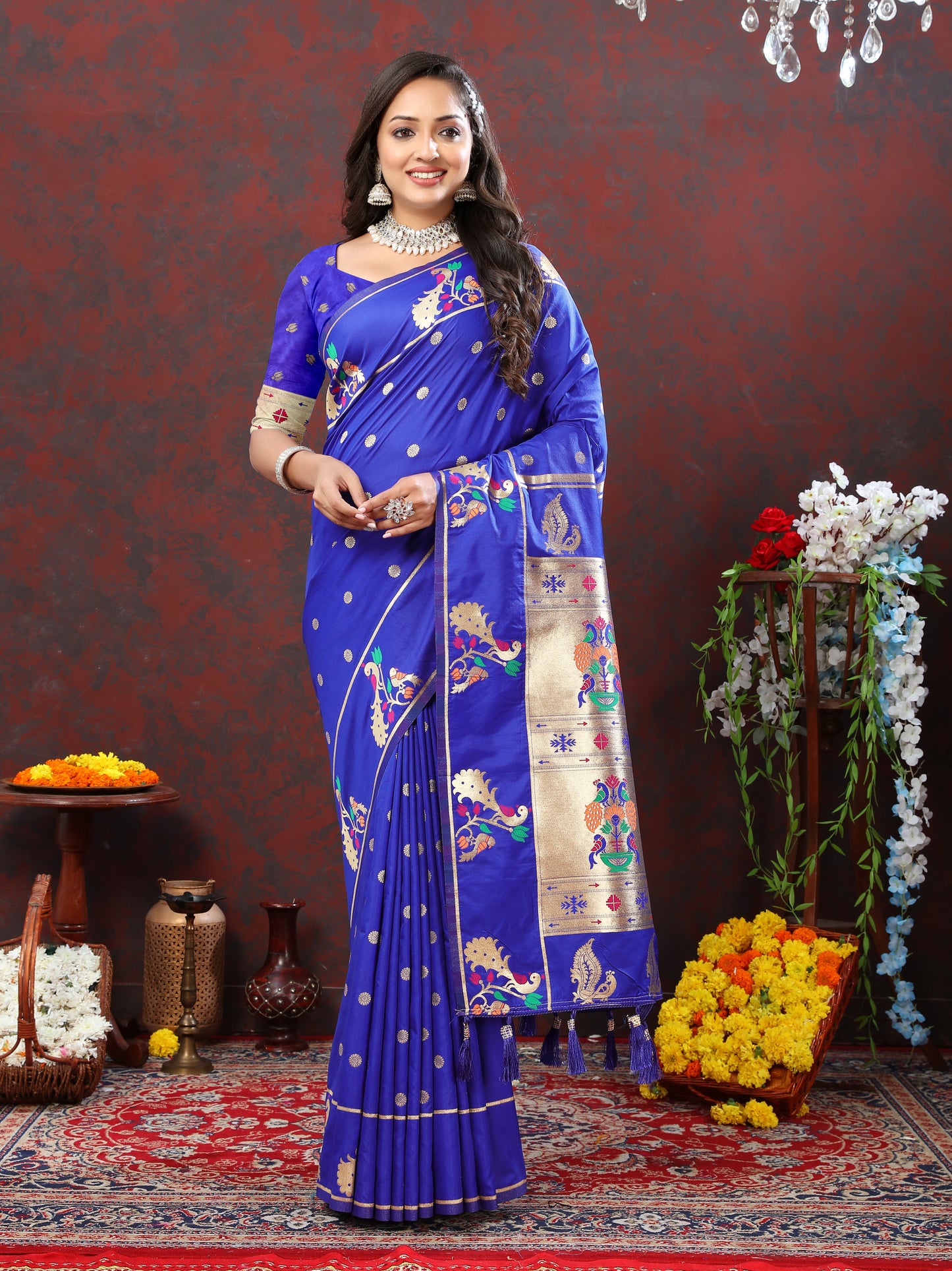 Soft Pethani Silk Blue Saree with Golden Zari Weawing Motifs