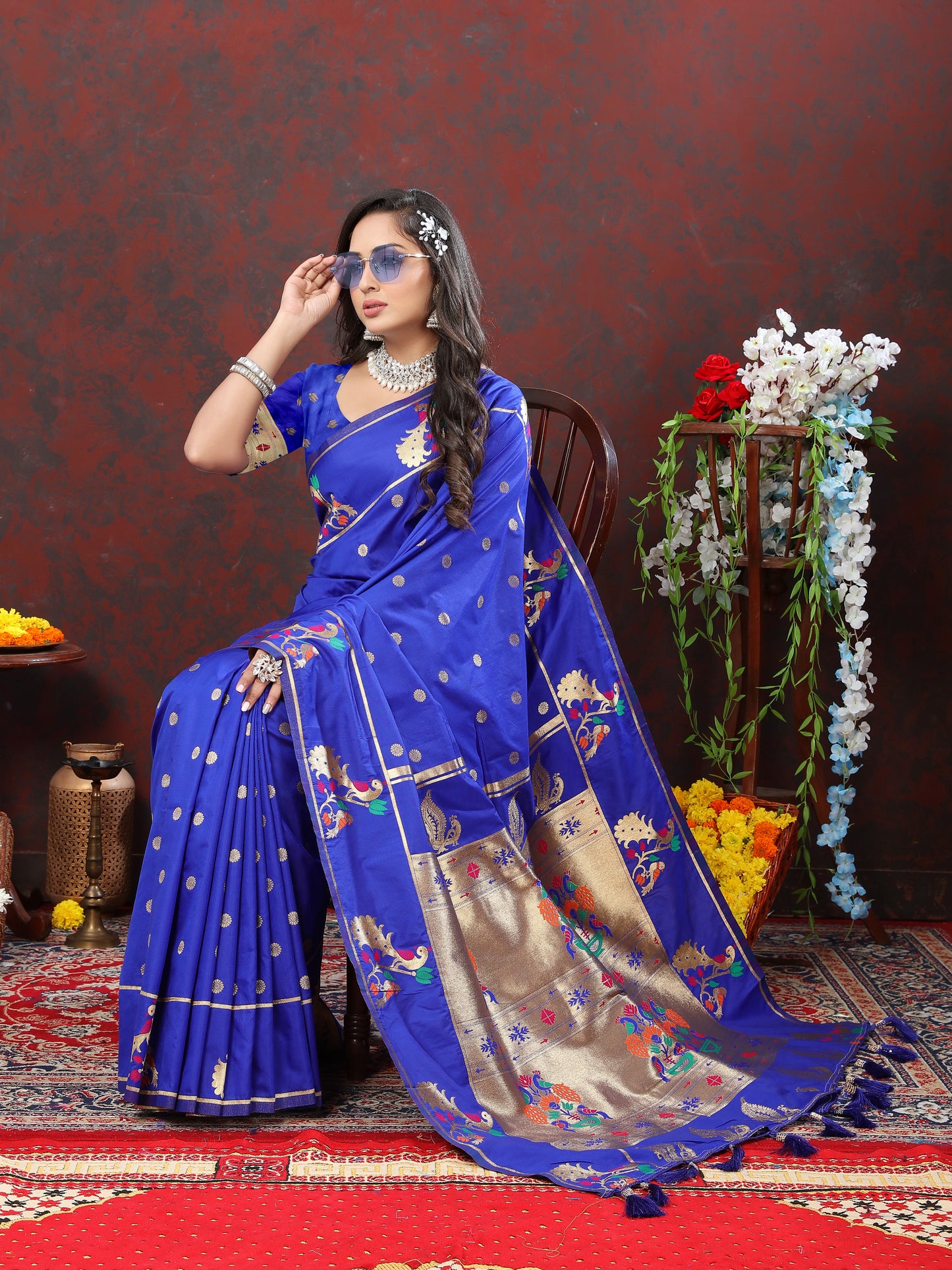 Soft Pethani Silk Blue Saree with Golden Zari Weawing Motifs