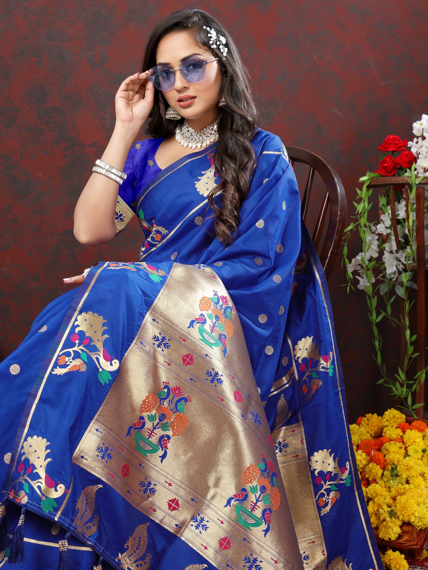 Soft Pethani Silk Blue Saree with Golden Zari Weawing Motifs
