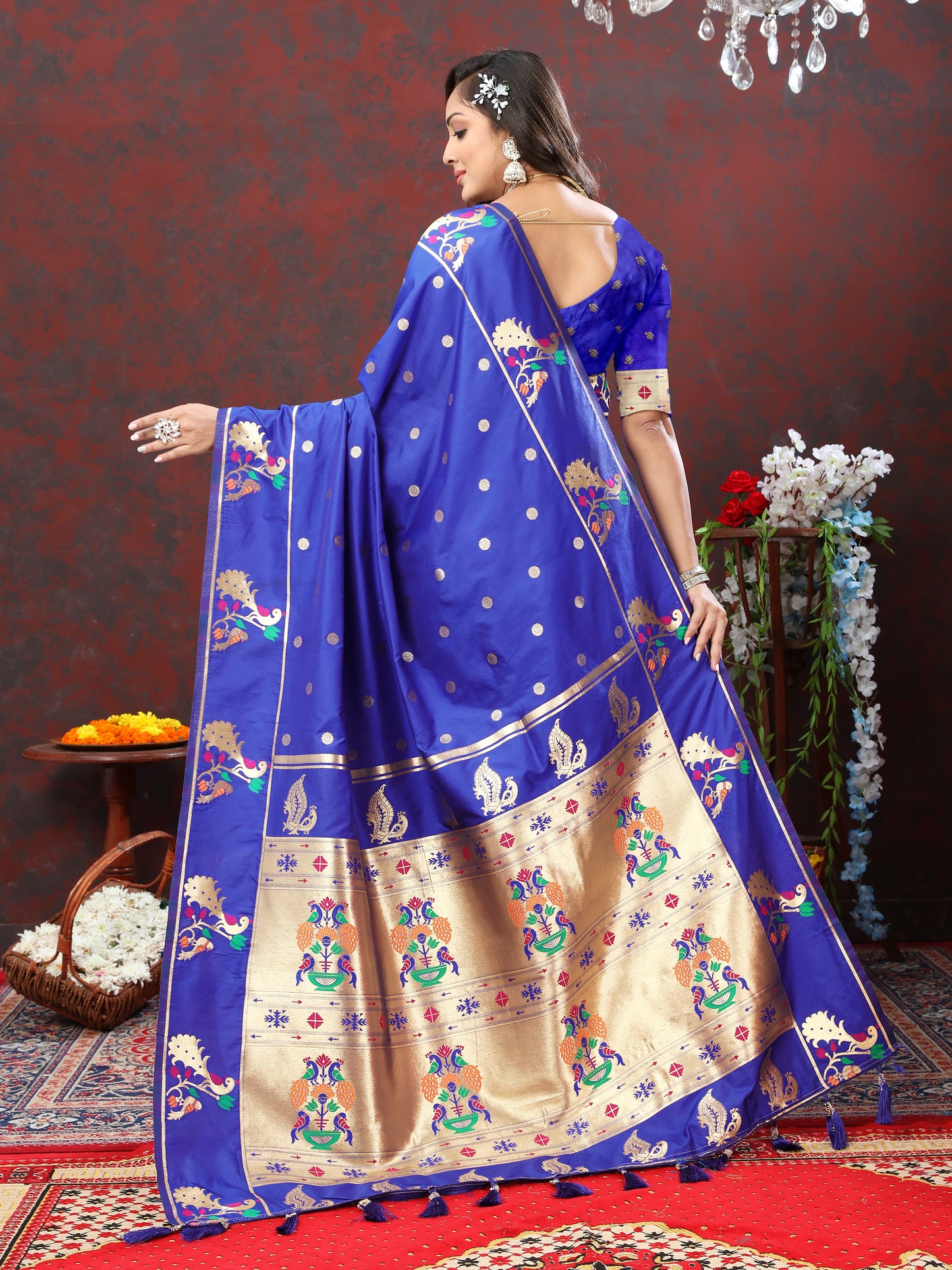 Soft Pethani Silk Blue Saree with Golden Zari Weawing Motifs