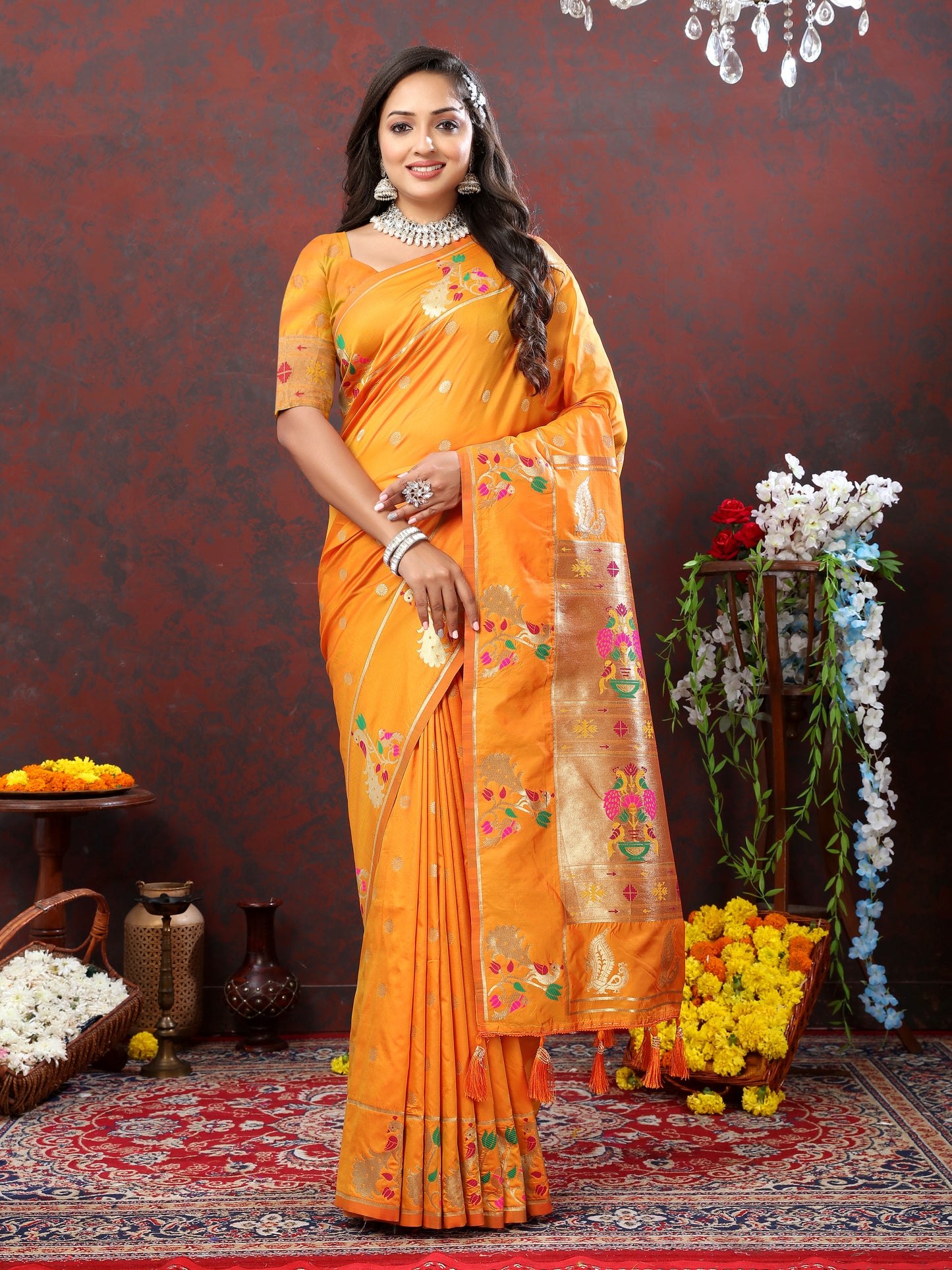 Soft Pethani Silk Orange Saree with Golden Zari Weawing Motifs