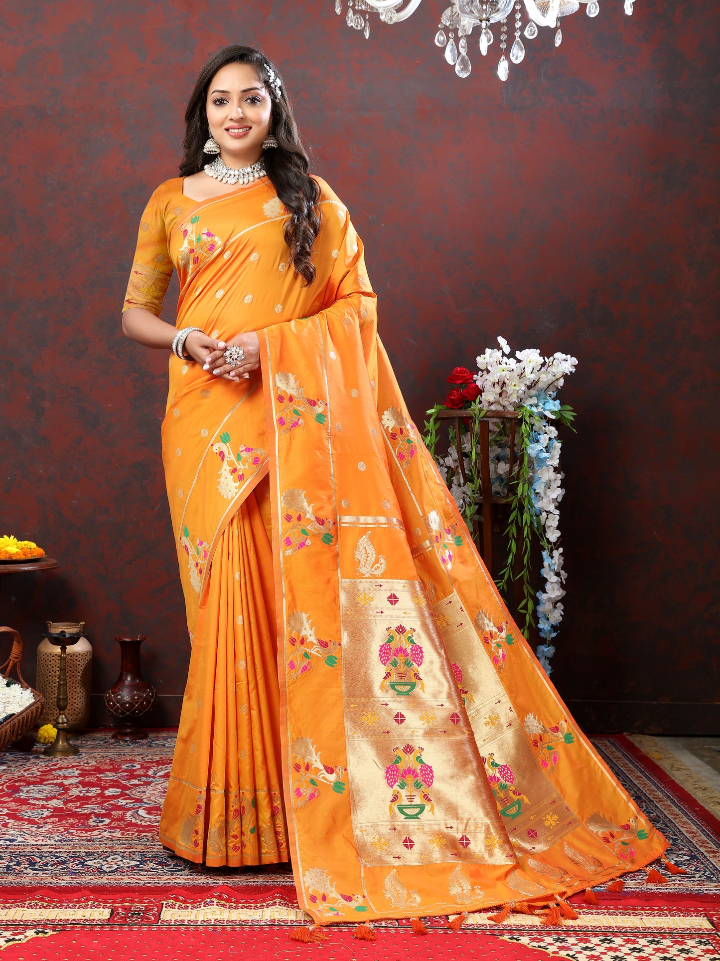 Soft Pethani Silk Orange Saree with Golden Zari Weawing Motifs