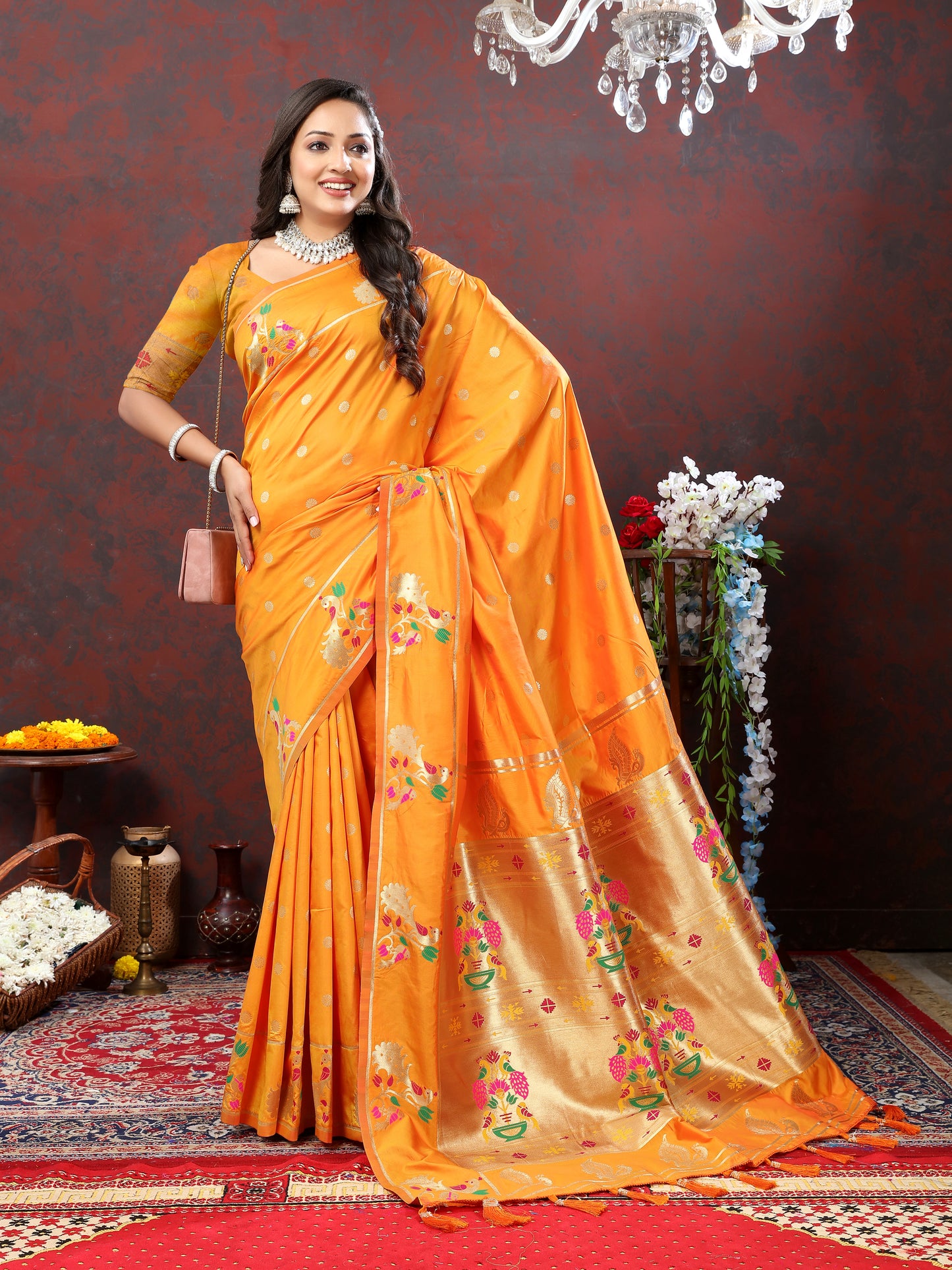 Soft Pethani Silk Orange Saree with Golden Zari Weawing Motifs