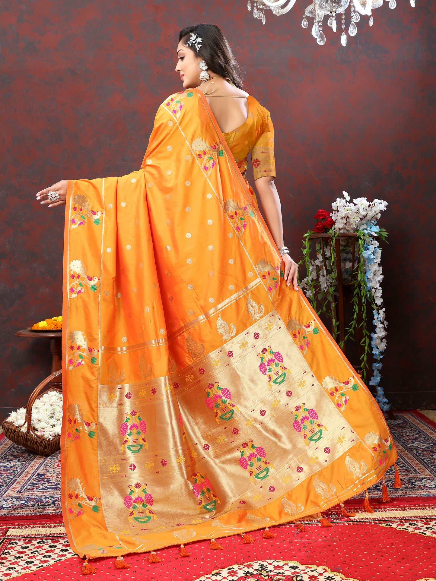 Soft Pethani Silk Orange Saree with Golden Zari Weawing Motifs