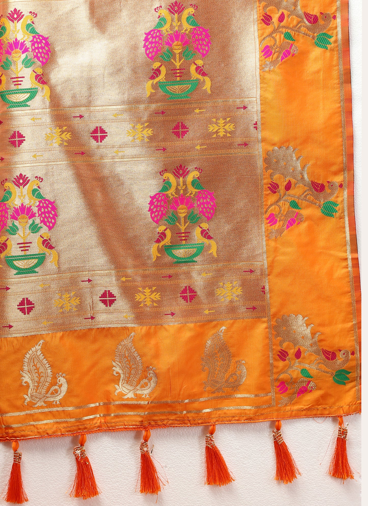 Soft Pethani Silk Orange Saree with Golden Zari Weawing Motifs