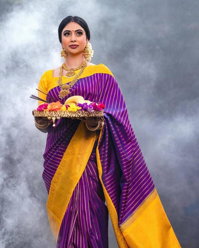 Banarasi Soft Silk Yellow And Purple Saree