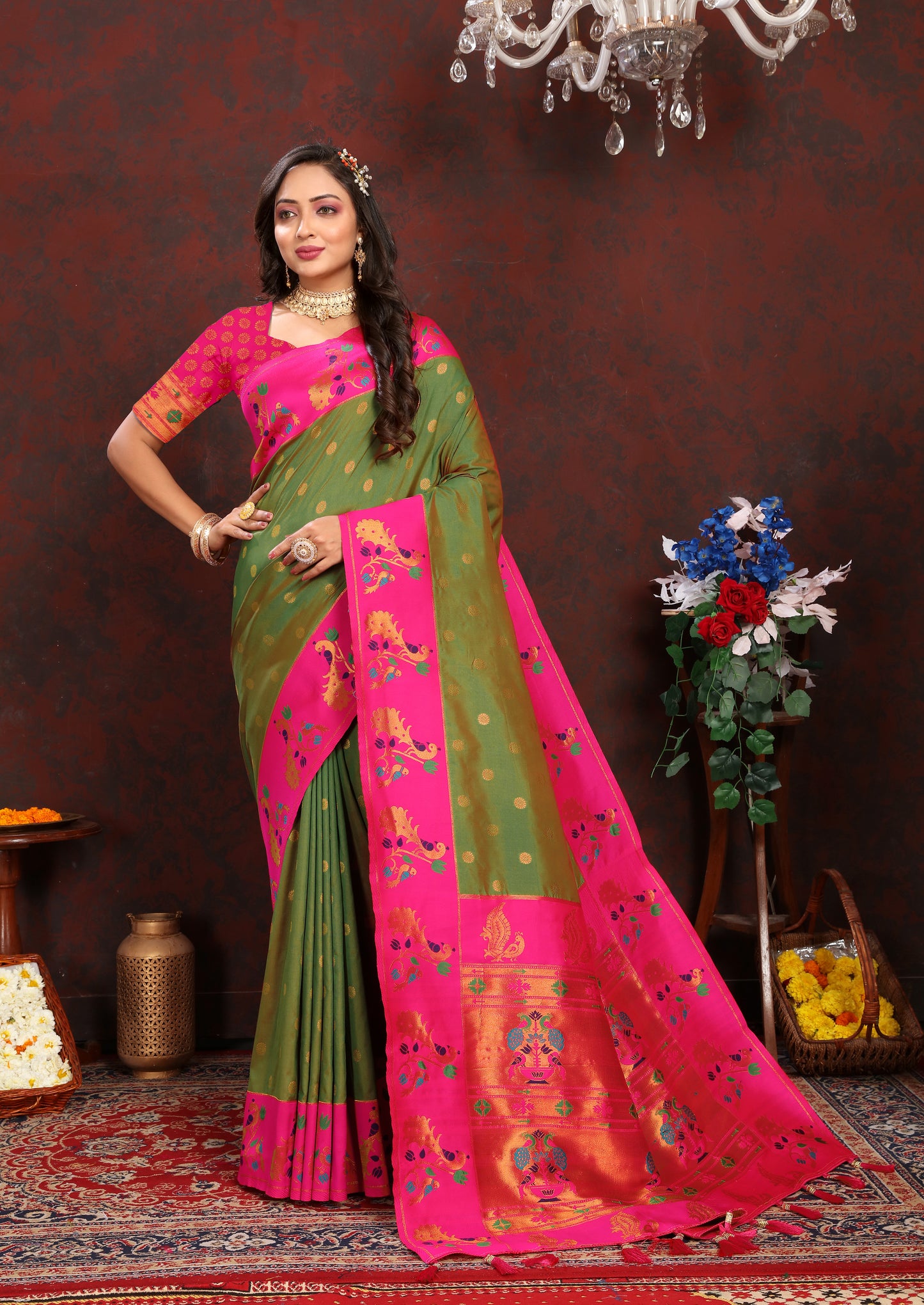 Banarasi Soft Silk Pink And Green Saree