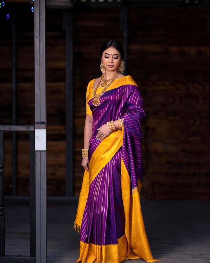 Banarasi Soft Silk Yellow And Purple Saree