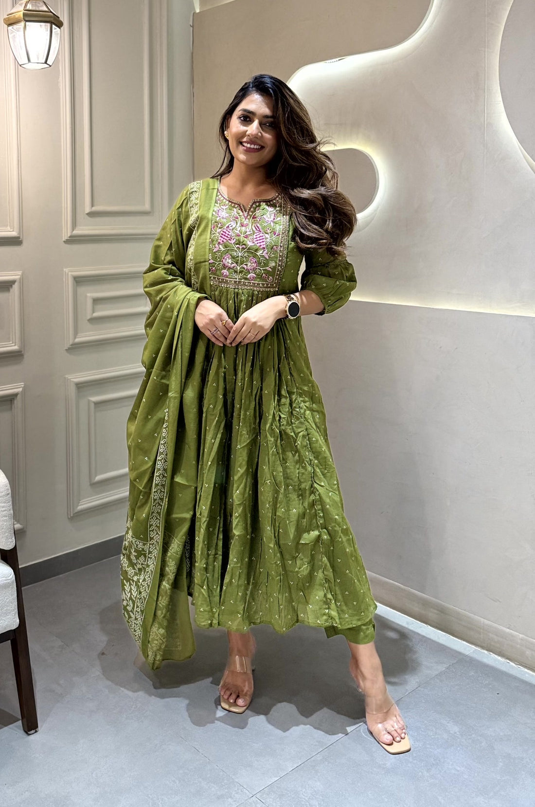 Printed Cotton Green Kurti Set