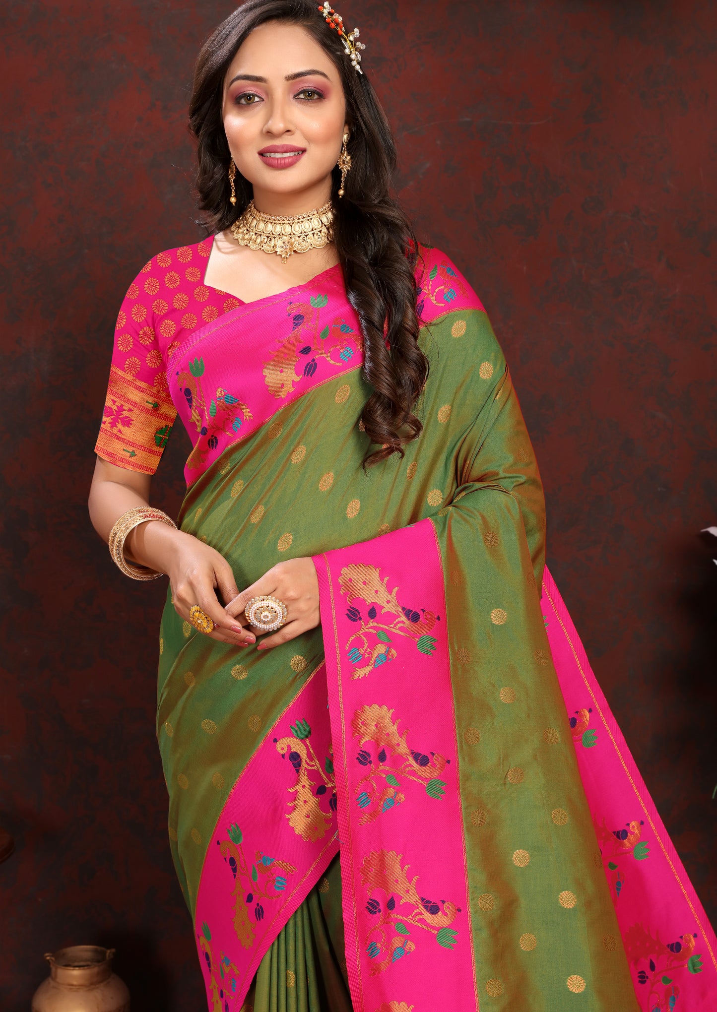 Banarasi Soft Silk Pink And Green Saree