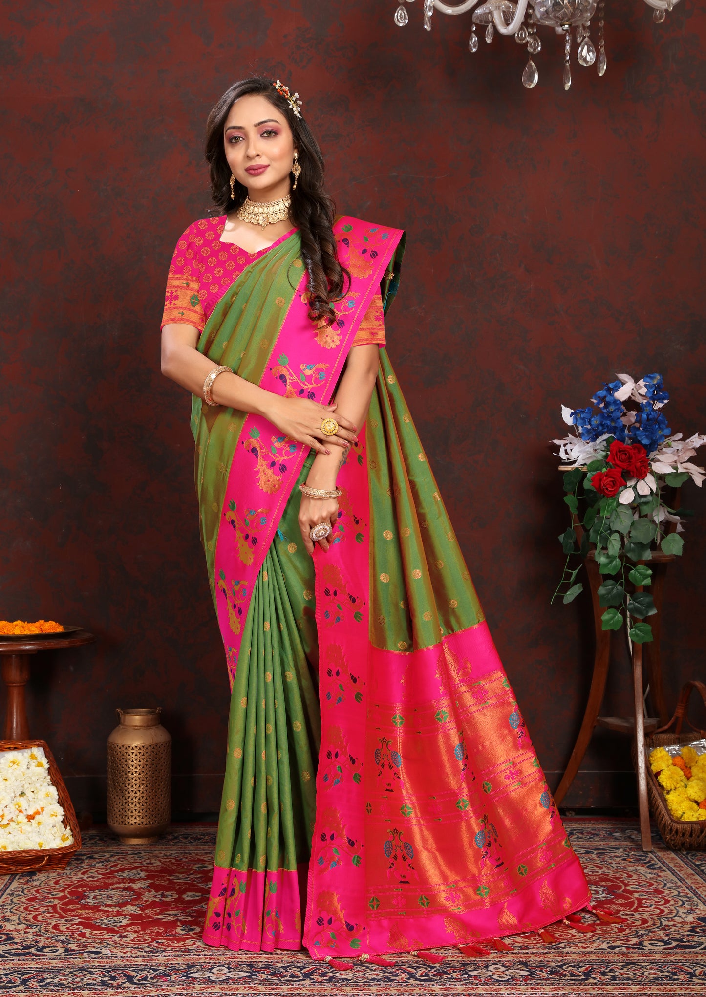 Banarasi Soft Silk Pink And Green Saree