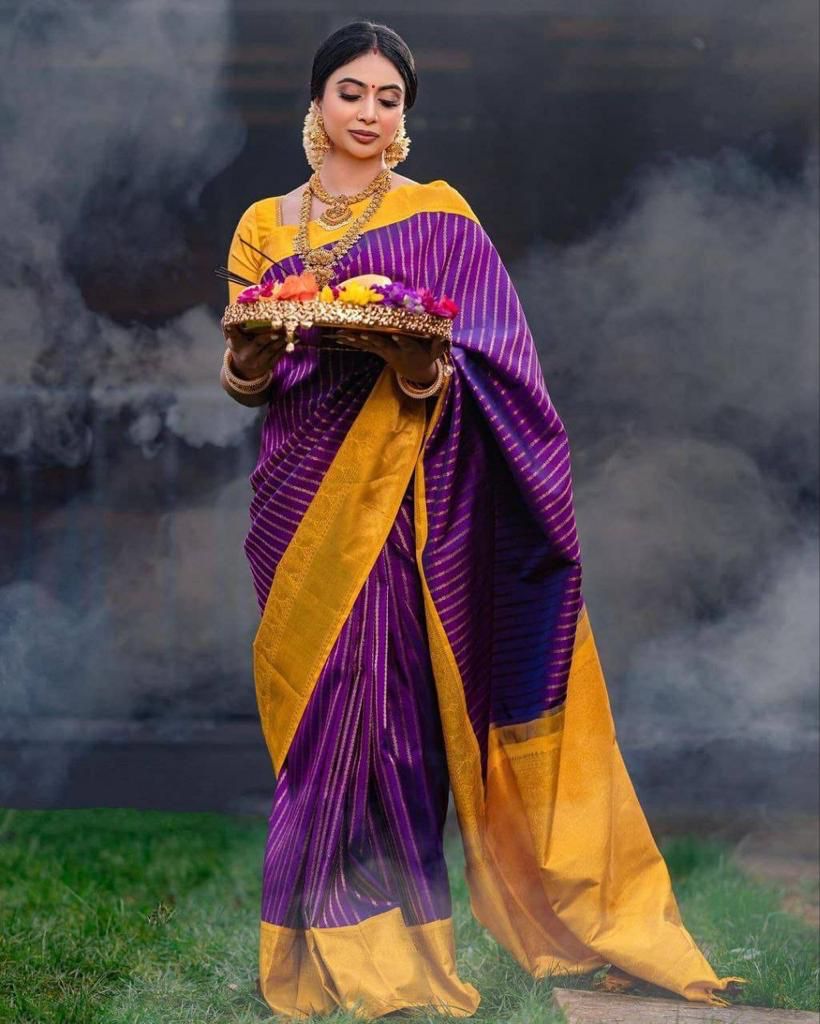 Banarasi Soft Silk Yellow And Purple Saree