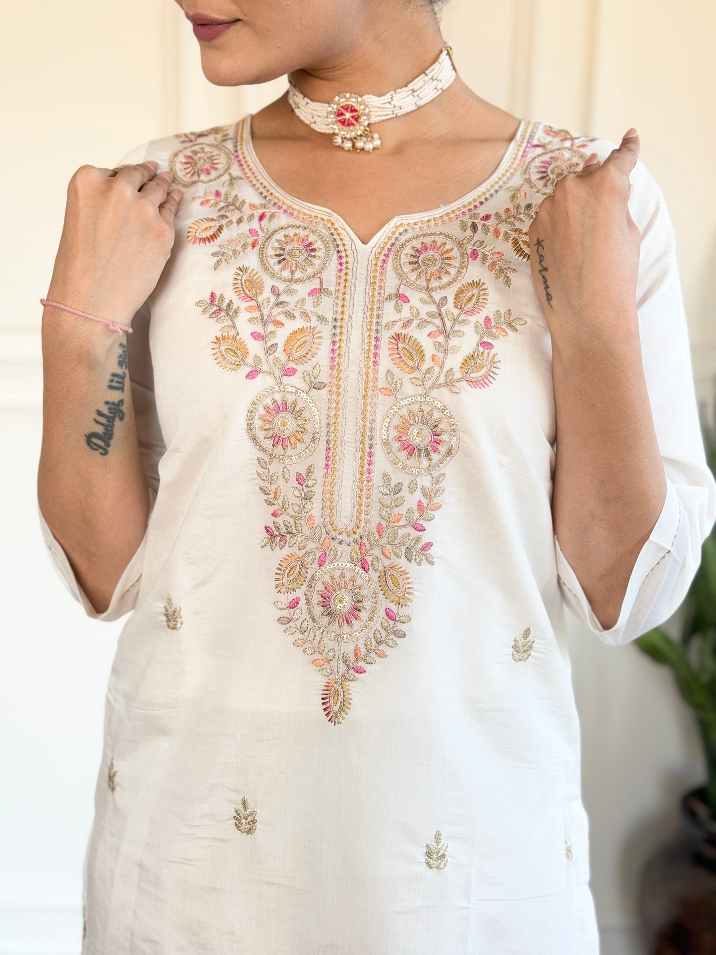 Viscose Chanderi Off White Kurti Set