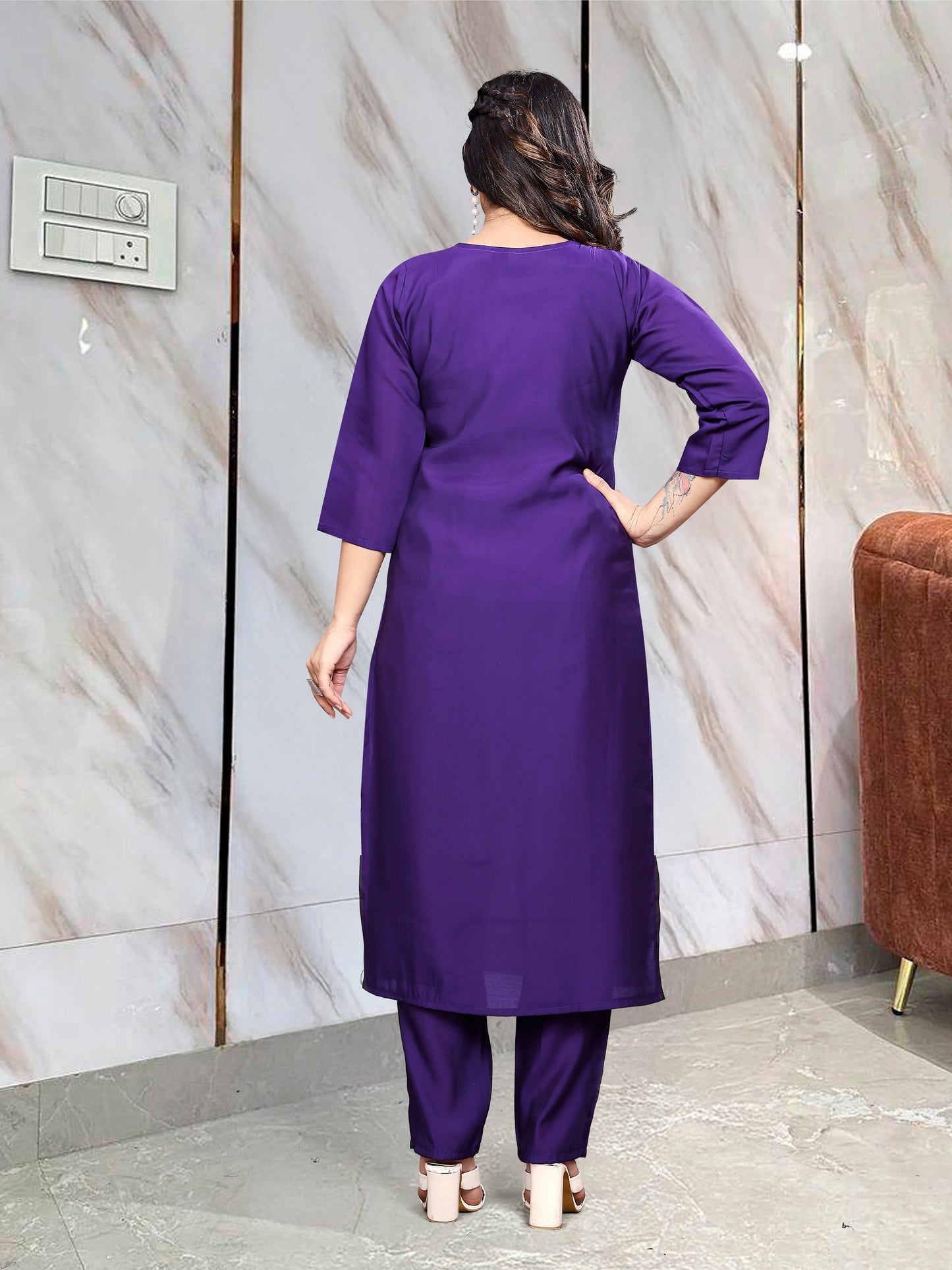 WOMEN Embrodairy Stright Wine Kurta Set