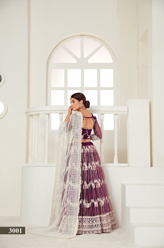 Wine Net Multi And Sequance Work Butterfly Net Lehenga Choli & Dupatta Set