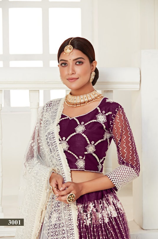 Wine Net Multi And Sequance Work Butterfly Net Lehenga Choli & Dupatta Set