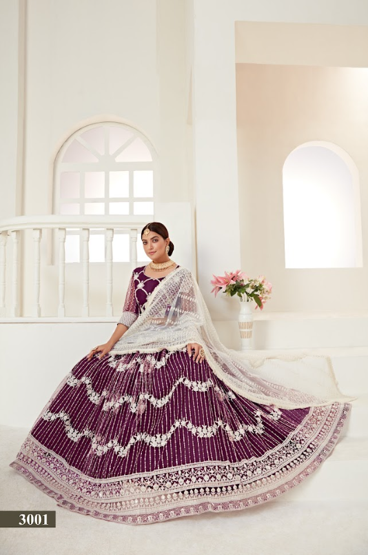 Wine Net Multi And Sequance Work Butterfly Net Lehenga Choli & Dupatta Set