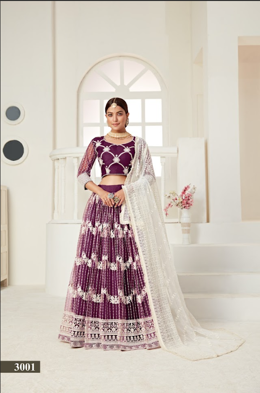 Wine Net Multi And Sequance Work Butterfly Net Lehenga Choli & Dupatta Set