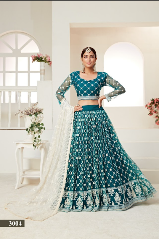 Rama Net Multi And Sequance Work Butterfly Net Lehenga Choli & Dupatta Set
