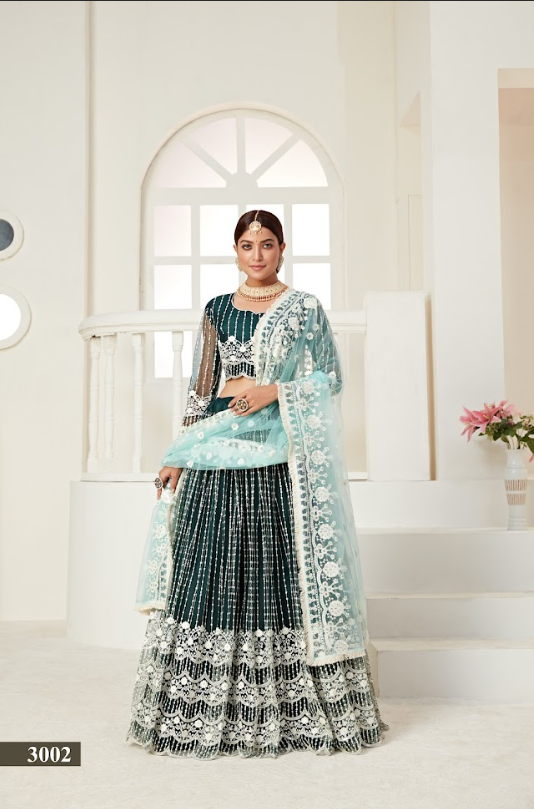 Rama Net Multi And Sequance Work Butterfly Net Lehenga Choli & Dupatta Set