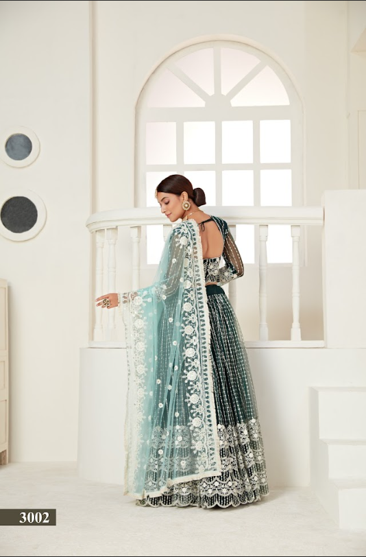 Rama Net Multi And Sequance Work Butterfly Net Lehenga Choli & Dupatta Set