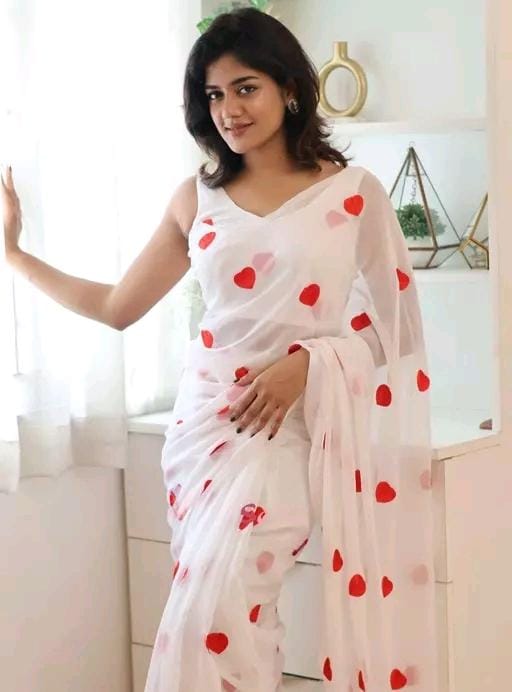 New Fancy Embroidery Work Georgette White With Blouse Piece