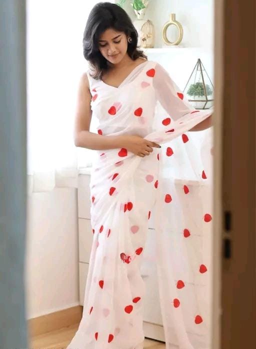 New Fancy Embroidery Work Georgette White With Blouse Piece
