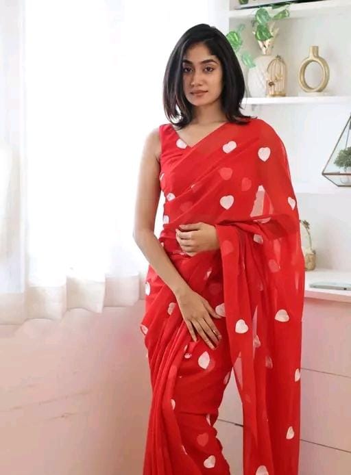 New Fancy Embroidery Work Georgette Tomato Red