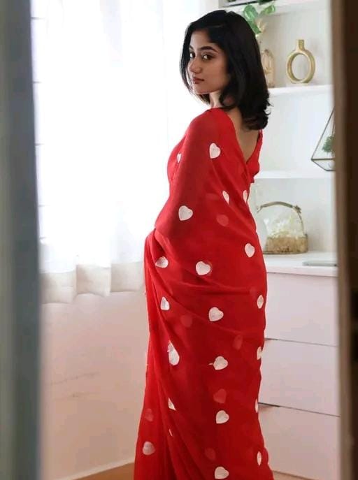 New Fancy Embroidery Work Georgette Tomato Red