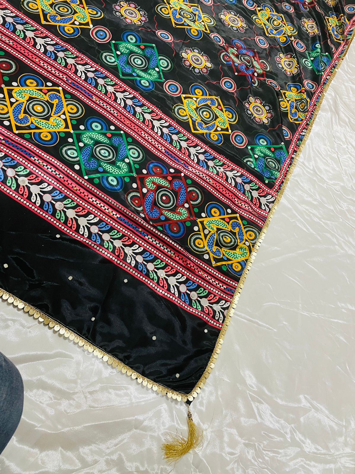 New Mini Black Japan satin Digital Price And Real Mirror Work Dupatta