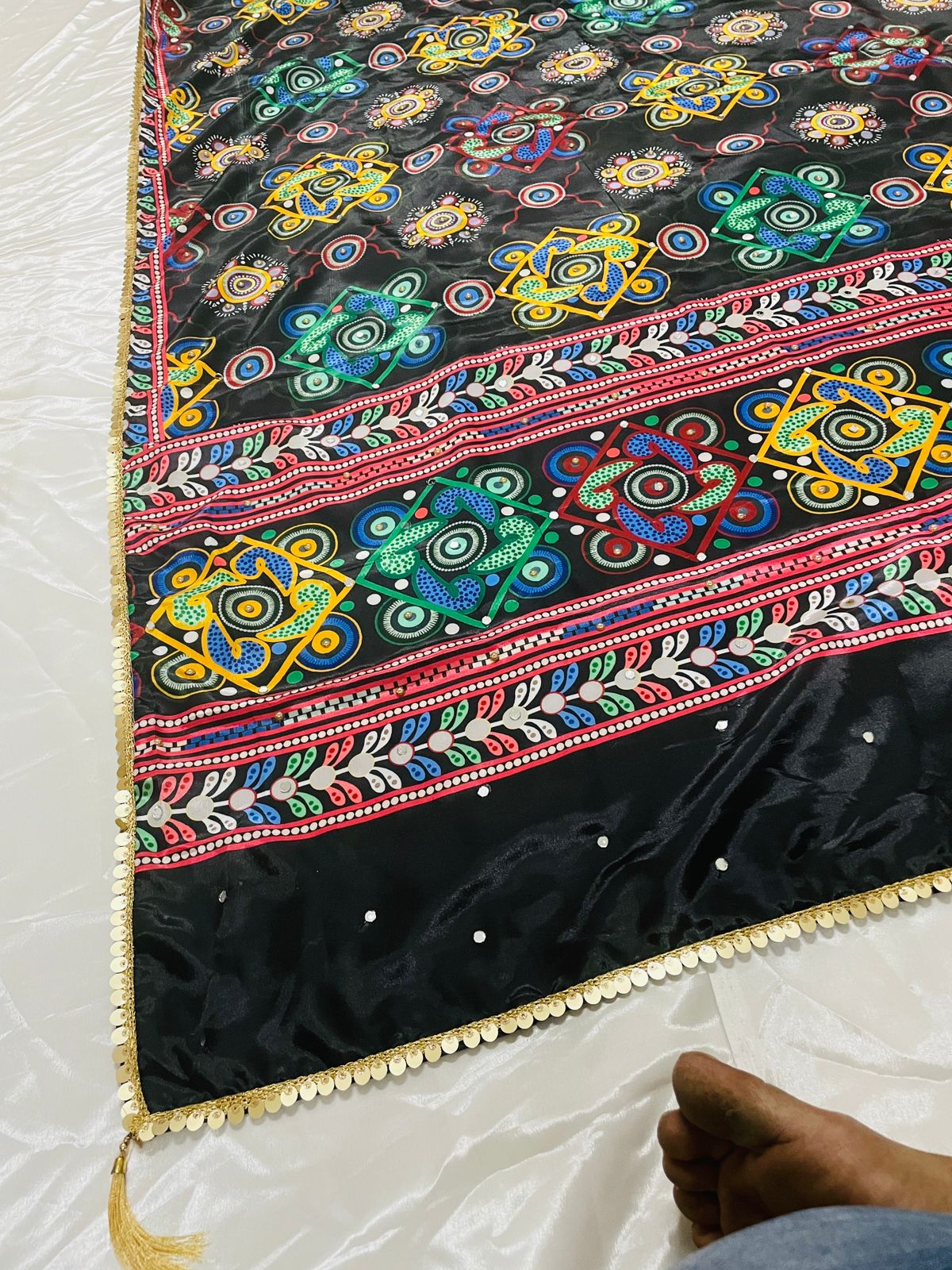 New Mini Black Japan satin Digital Price And Real Mirror Work Dupatta