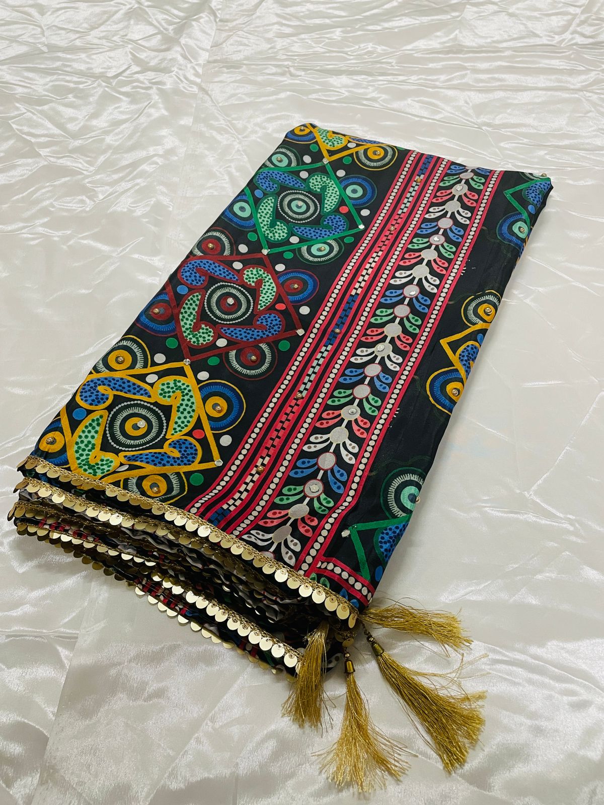 New Mini Black Japan satin Digital Price And Real Mirror Work Dupatta