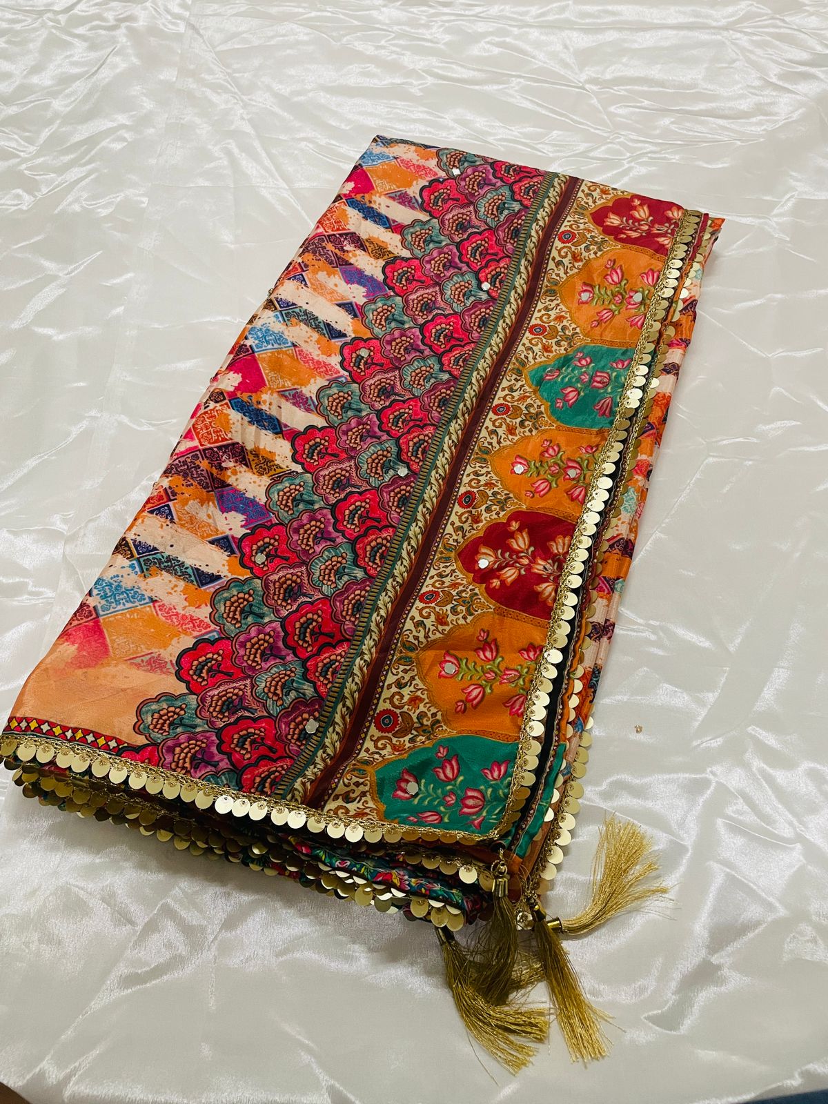 New Mini Red Japan satin Digital Price And Real Mirror Work Dupatta