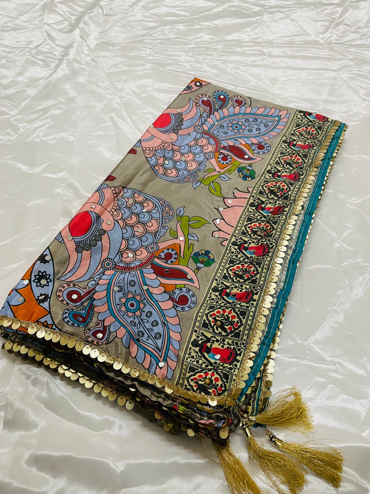 New Mini Mehendi Japan satin Digital Price And Real Mirror Work Dupatta