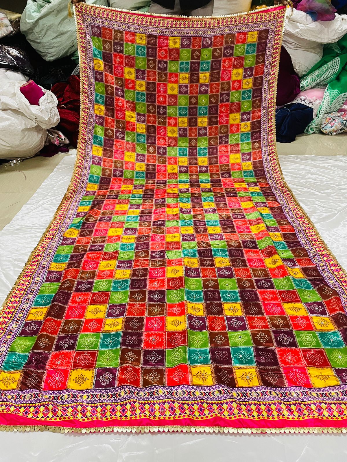 New Mini Multi Color Japan satin Digital Price And Real Mirror Work Dupatta