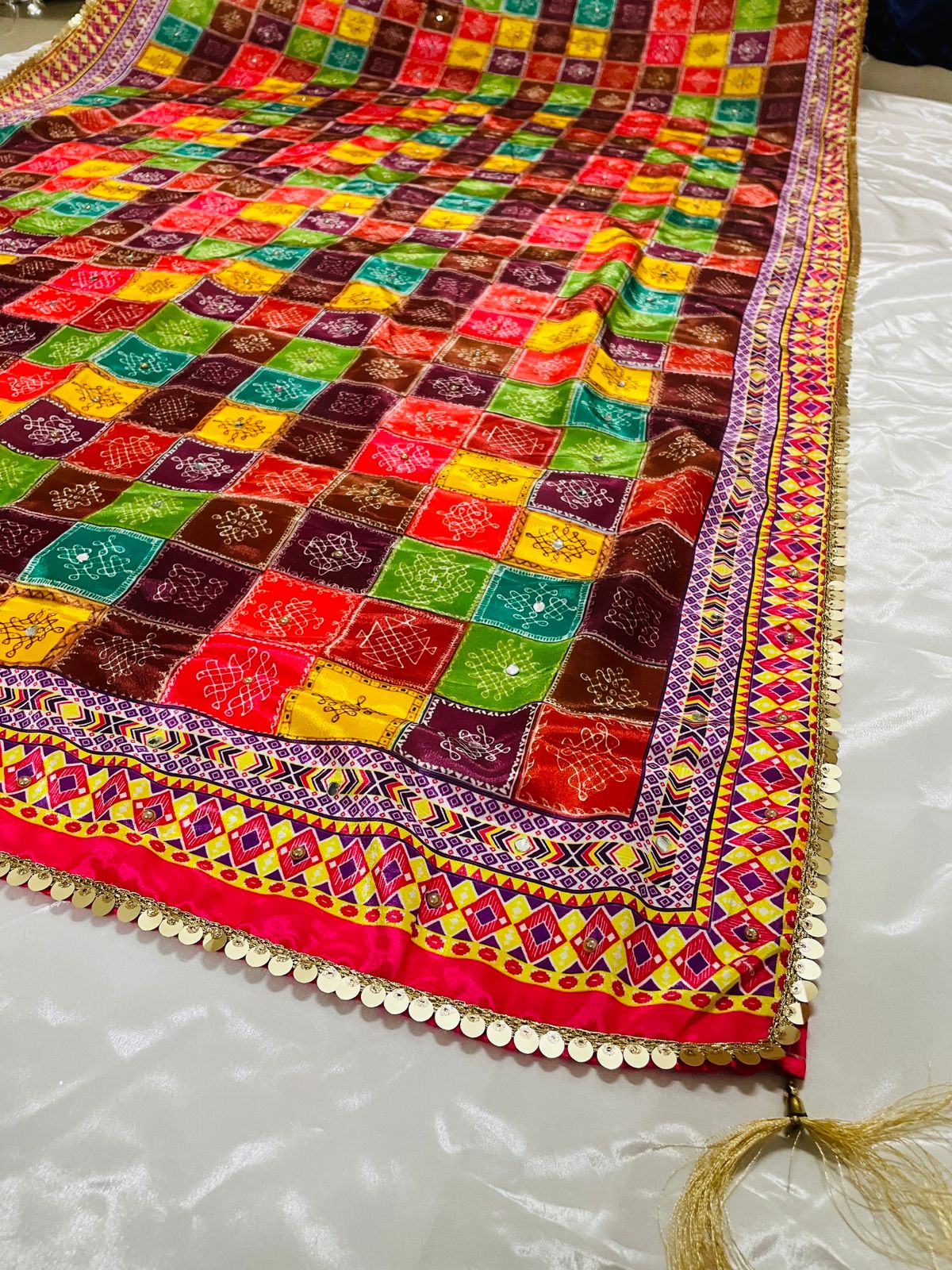 New Mini Multi Color Japan satin Digital Price And Real Mirror Work Dupatta