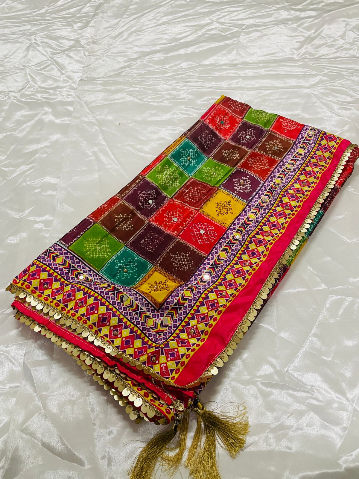 New Mini Multi Color Japan satin Digital Price And Real Mirror Work Dupatta