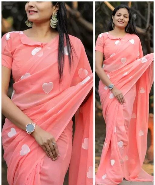 New Fancy Embroidery Work Georgette Tomato Saree With Blouse Piece